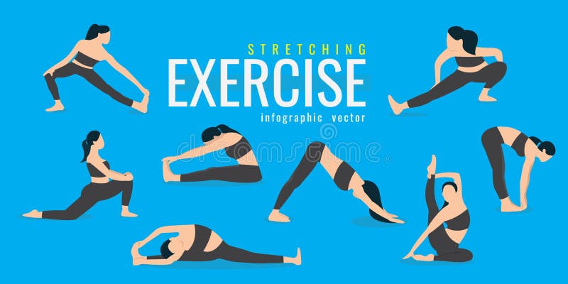Woman Stretching exercises. Active and healthy life concept. vector illustration. on blue background. icons of girl doing sport royalty free illustration