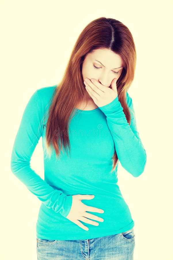 Woman with strong pain of stomach and nausea
