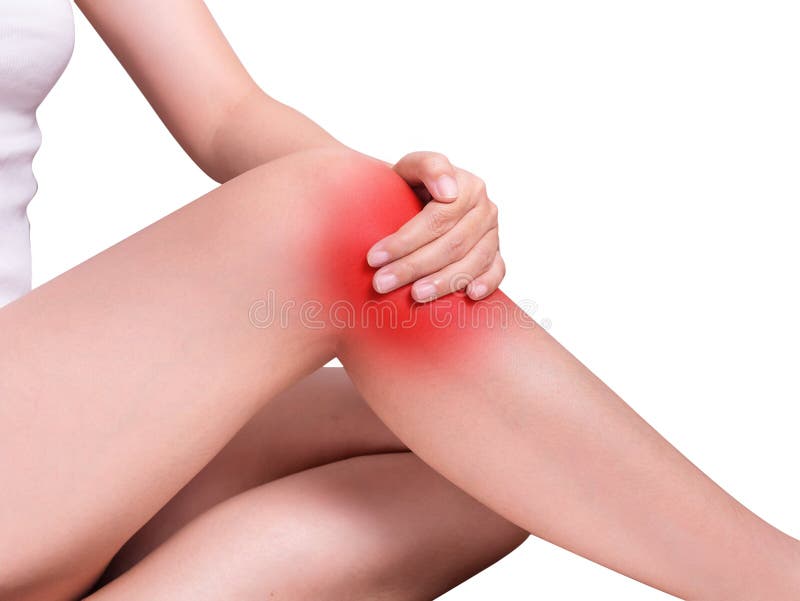 Woman suffering from knee pain, joint pains. red color highlight