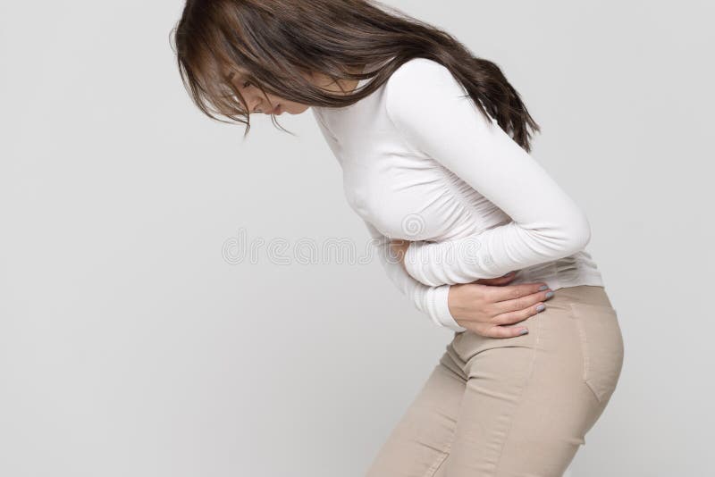 Woman Suffering Flank Pain On White Stock Photo 1051400534