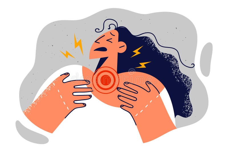 Woman suffers from sore throat marked with red dot after contracting viral infection or disease stock illustration