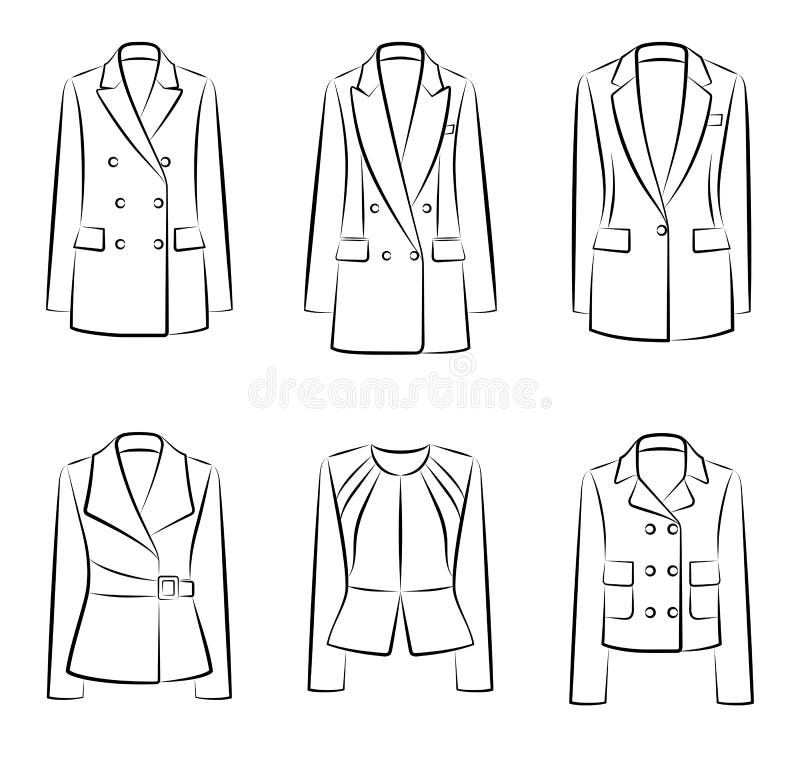 Women jackets and coats. Stick figure pictogram depicts a set of different  type of jackets and coats. This fashion clothing designs are wear by woman,  females, ladies, and girls. Stock Vector