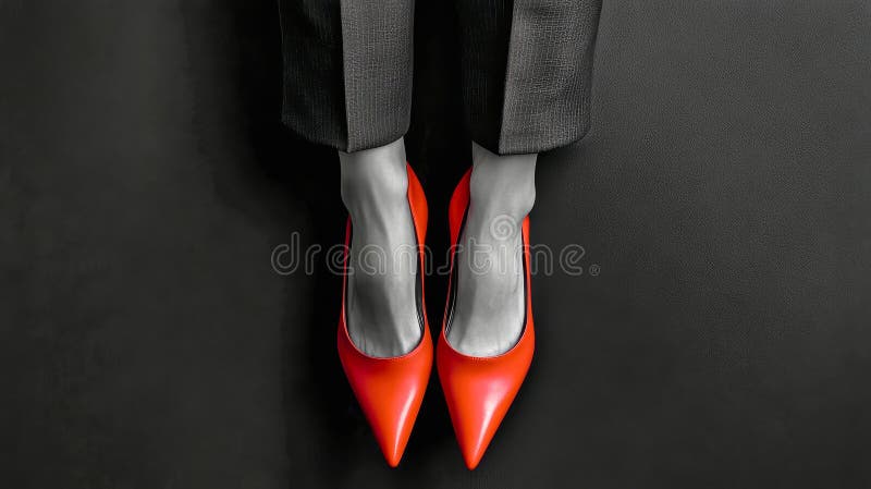 A woman in a suit confidently holds red high heels against a striking black and white color block background, showcasing modern royalty free illustration