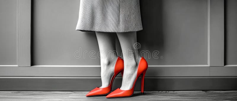 A woman in a suit presents striking red high heels against a monochrome background, reflecting a bold business style in a vector illustration