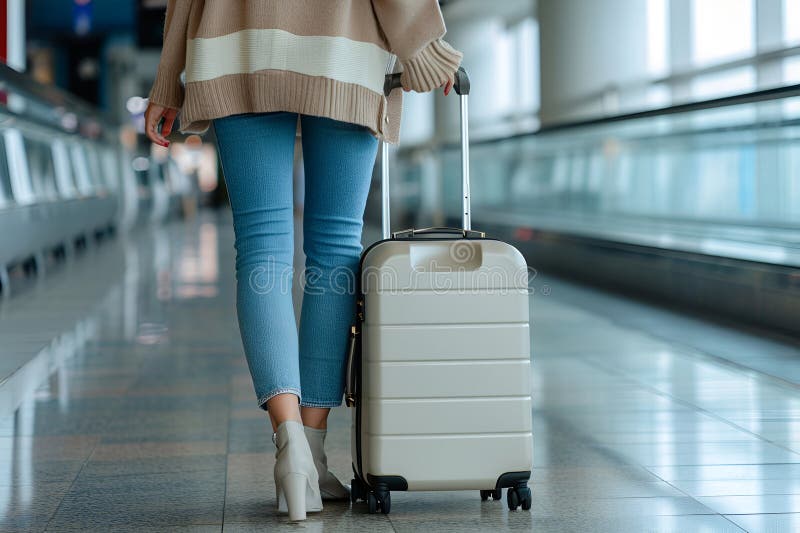 A woman with a suitcase in the airport terminal vector illustration