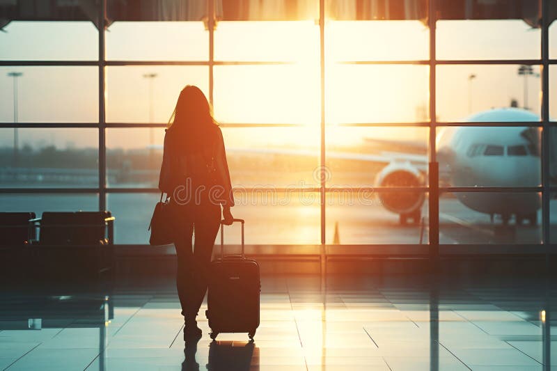 A woman with a suitcase in the airport terminal at sunset vector illustration