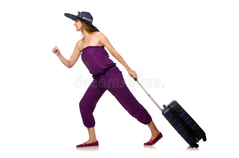 Woman with Suitcase Isolated on White Stock Photo Image of suitcase