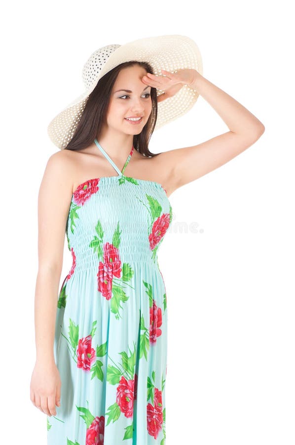 Woman in Summer Dress with Hat Stock Image Image of isolated, teeth