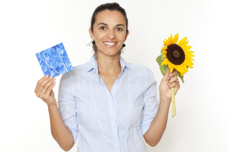 Woman with sunflower and solar cell