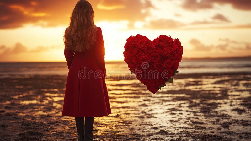 Woman at sunset, heart of roses vector illustration