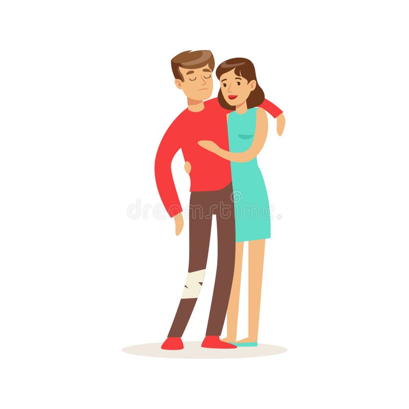 Woman supporting an injured young man with damage leg, first aid vector Illustration royalty free illustration Woman supporting an injured young man with damage leg, first aid vector Illustration royalty free illustration