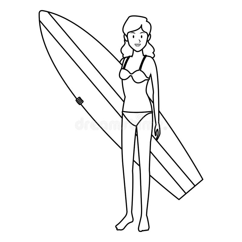 Woman with Surfboard Black and White Stock Vector - Illustration of ...