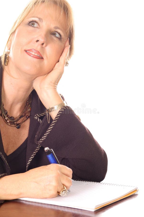 Woman taking notes thinking smile