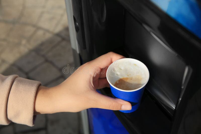 Woman Taking Paper Cup with Coffee from Vending Machine Outdoors, Closeup Stock Image Image of