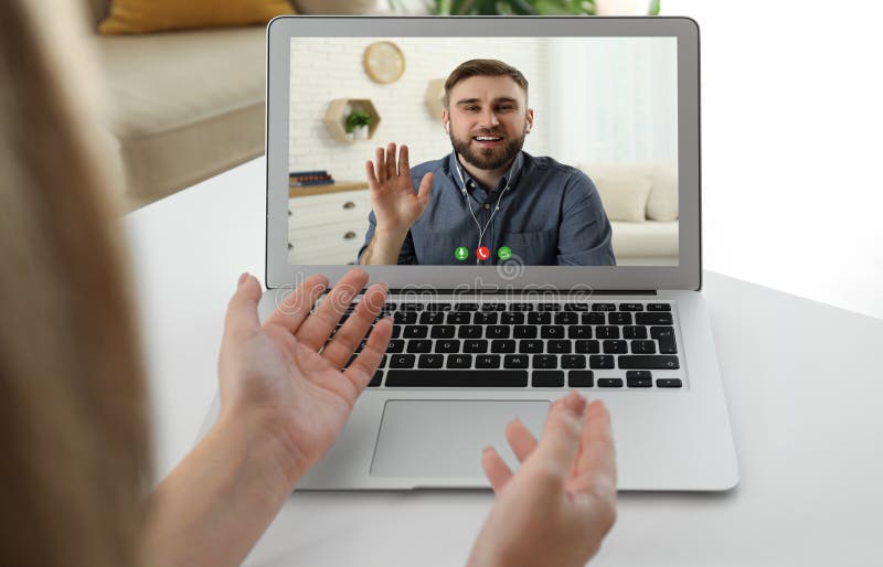 Woman Talking with Handsome Man Using Video Chat on Laptop at White Table,  Closeup. Online Dating Stock Photo - Image of concept, dating: 248174090