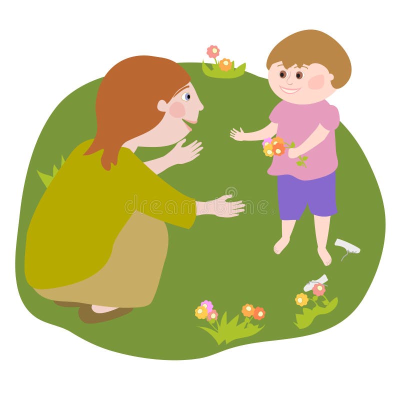 Young woman talking to a child who offers her flowers. Young woman talking to a child who offers her flowers