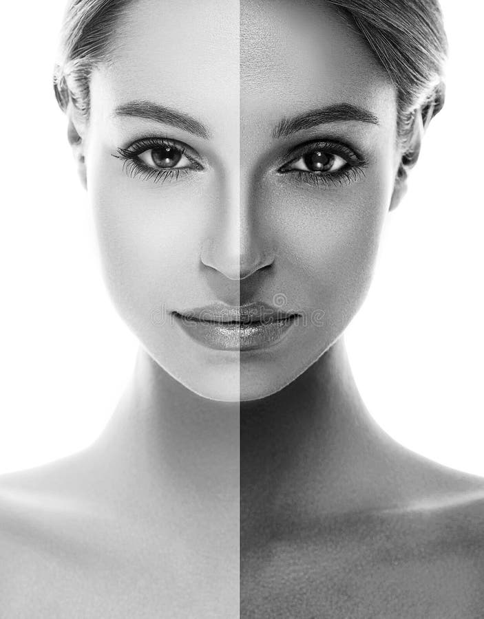 Woman tan half face tan beautiful portrait black and white