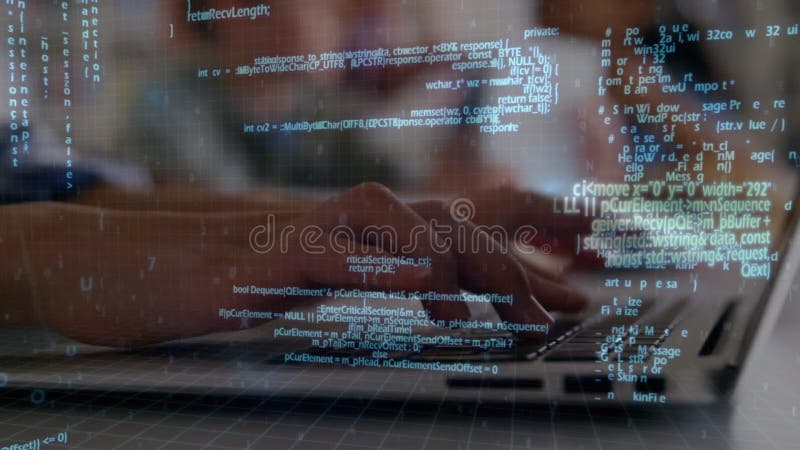 Woman taping in her laptop surrounded by binary codes stock illustration