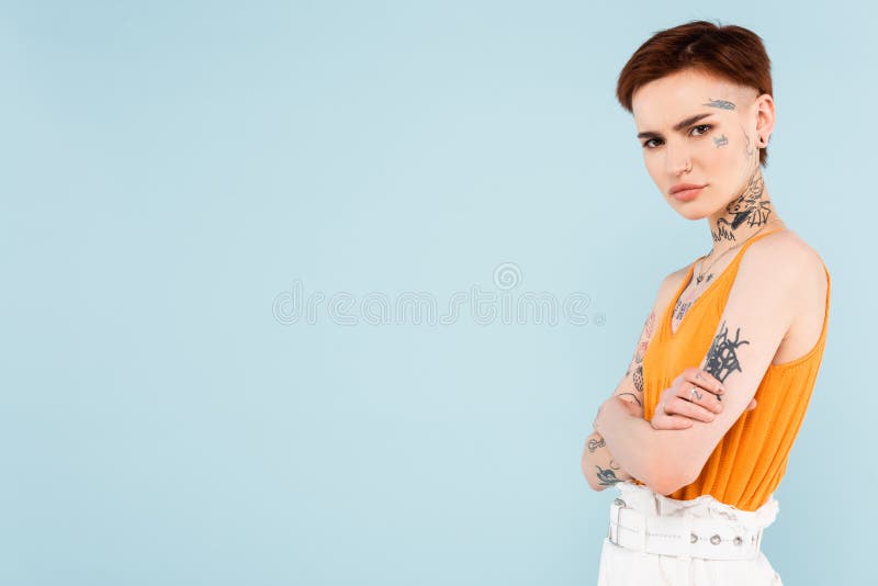 Woman Tattoos Gun Profile Blow Stock Image - Image of denim, caucasian ...