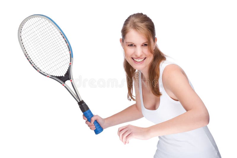 Full isolated studio picture from a young woman with tennis racket