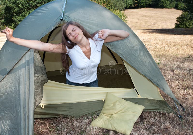 Woman tent camping stock photo. Image of awake, satisfied 10876762