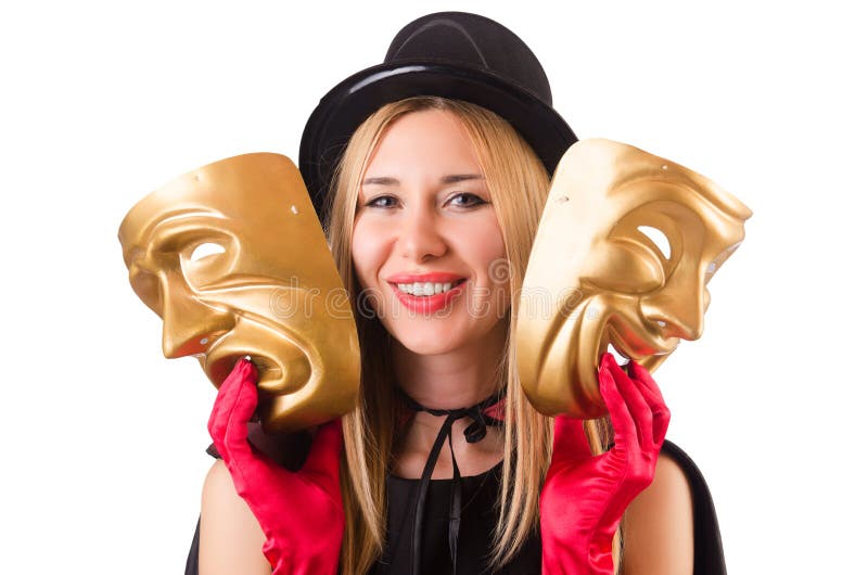 Woman with Theater Masks Isolated on White Stock Image Image of laughing, fraud 58694293