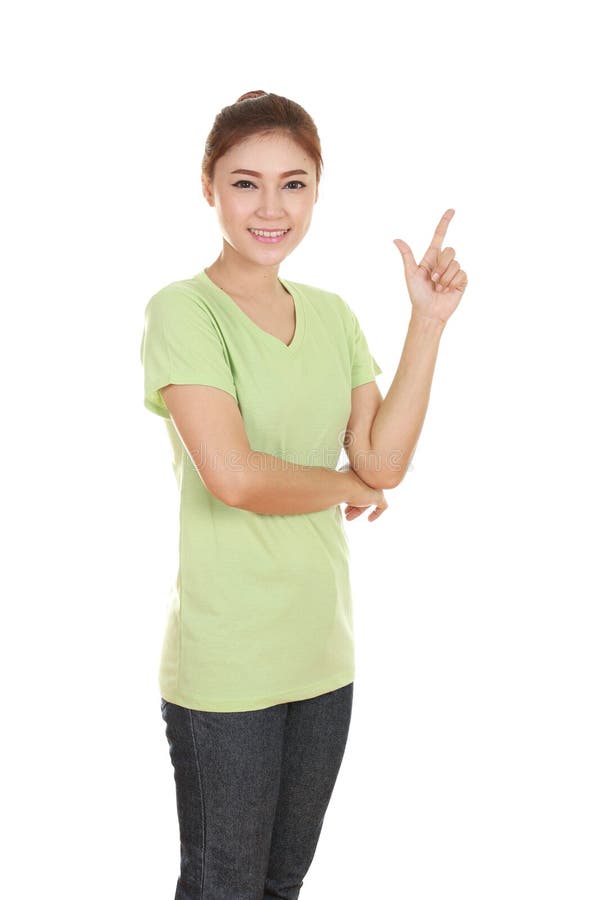 Woman think of idea with green t-shirt isolated on white background. Woman think of idea with green t-shirt isolated on white background