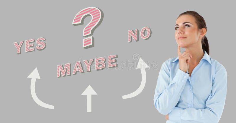 Woman Thinking Yes No Maybe Text with Arrows Graphic on Grey Background ...