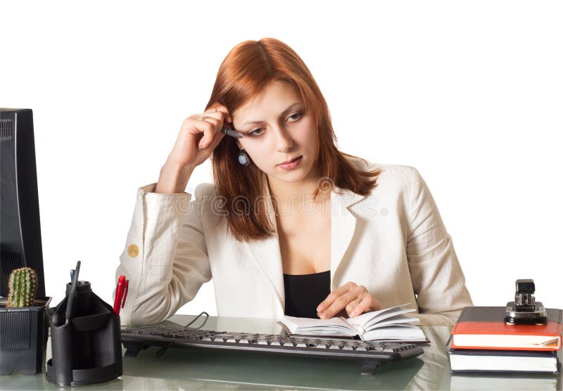 Woman thought about a notebook royalty free stock photography