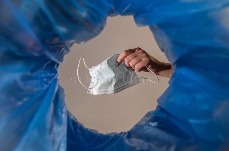 Woman Throws a Used Medical Mask into the Trash Can Stock Image Image