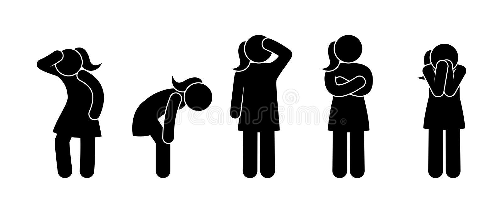 sad man icon, fatigue and pain illustration, stickman in depression, stick  figure human silhouette Stock Vector