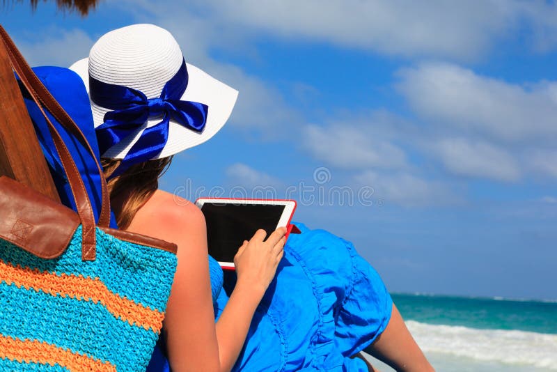 Woman with Touch Pad on Tropical Beach Stock Image Image of sand