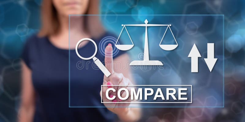 Woman touching a compare concept on touch screen with her finger royalty-vrije stock afbeeldingen