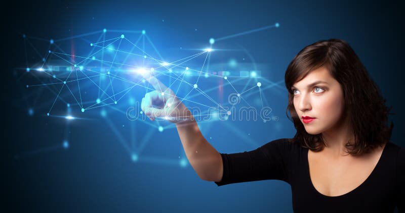 Woman touching web hologram stock photo Woman touching web hologram stock photo