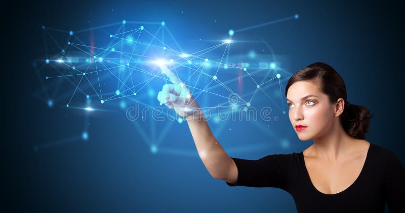 Young Business Woman Touching Future Web Technology Buttons and Stock ...