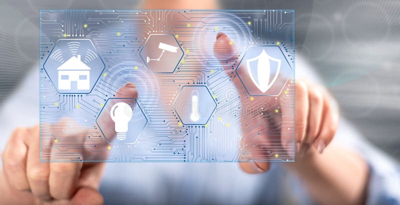 Woman touching a smart home concept on a touch screen with her fingers. Digital system concept stock images, royalty-free photos and pictures
