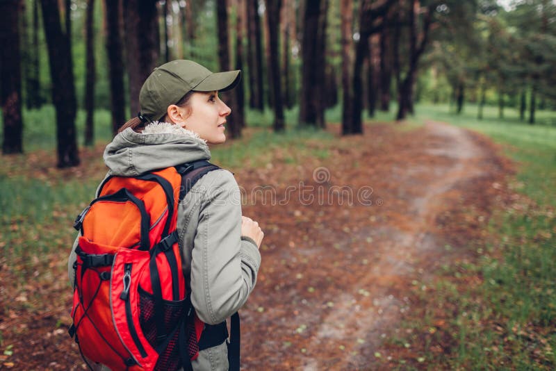 Woman tourist walking in spring forest. Close up of shoes. Traveling and tourism concept stock images Woman tourist walking in spring forest. Close up of shoes. Traveling and tourism concept stock images
