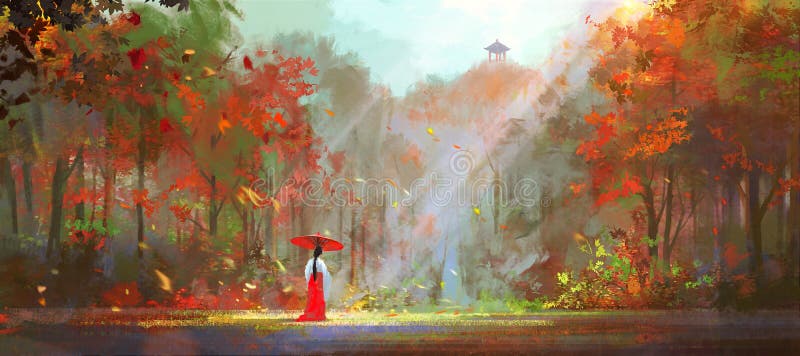 Woman in traditional oriental clothes walks in the dense forest