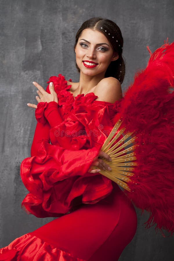 Woman Traditional Spanish Flamenco Dancer Dancing In A Red Dress Stock Image Image Of Dark