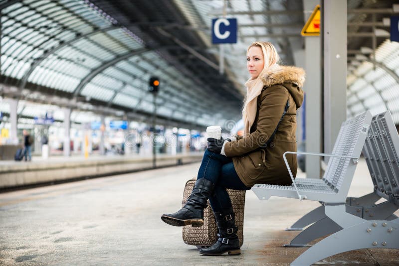 Woman On Train Station Platform Waiting