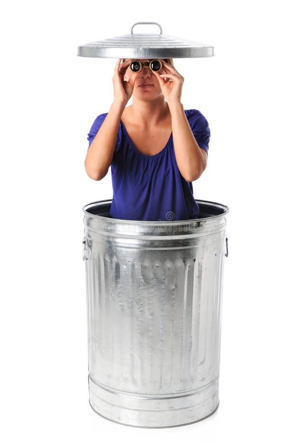 Woman In Trash Can With Binoculars