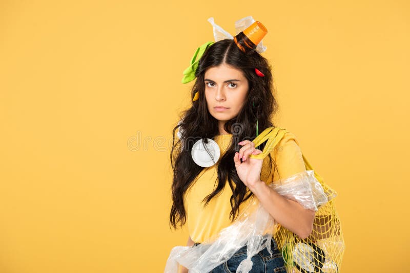 Woman with Trash in Hair Holding Bag with Rubbish Isolated on Yellow Stock  Image - Image of sadness, garbage: 178063745