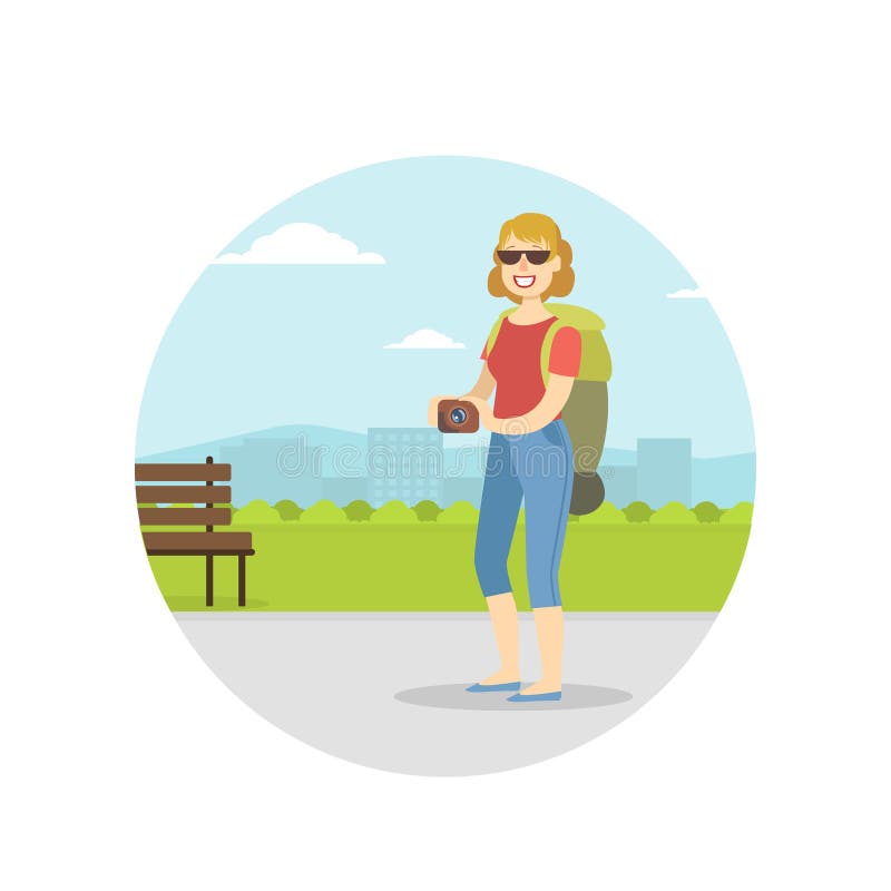 Woman Travelling with Backpack on Summer Vacation, Female Tourist Sightseeing and Taking Photo with Camera Vector vector illustration Woman Travelling with Backpack on Summer Vacation, Female Tourist Sightseeing and Taking Photo with Camera Vector vector illustration