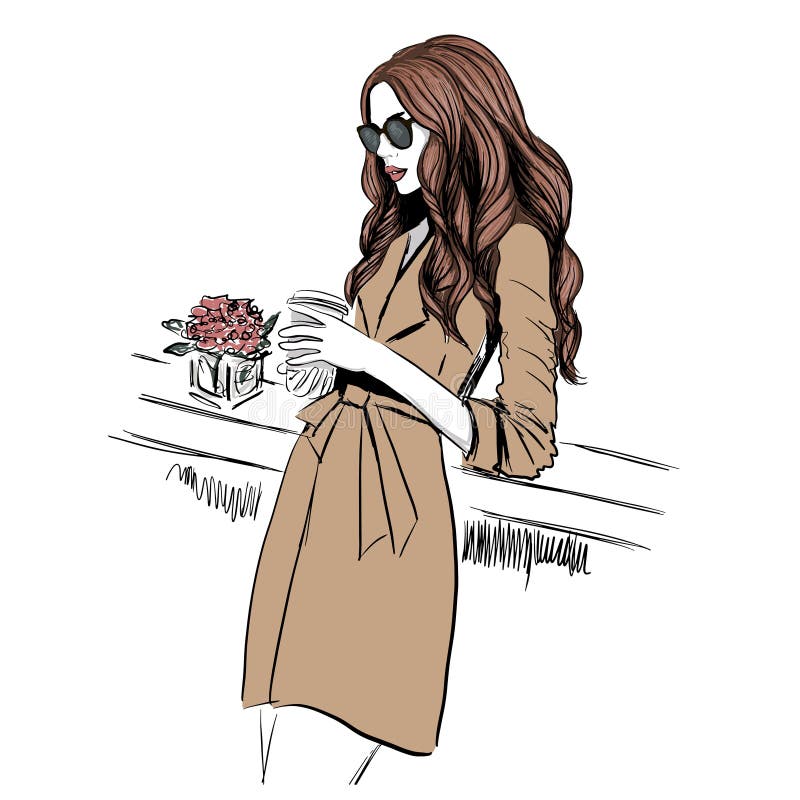 Woman in trench coat with coffee illustration