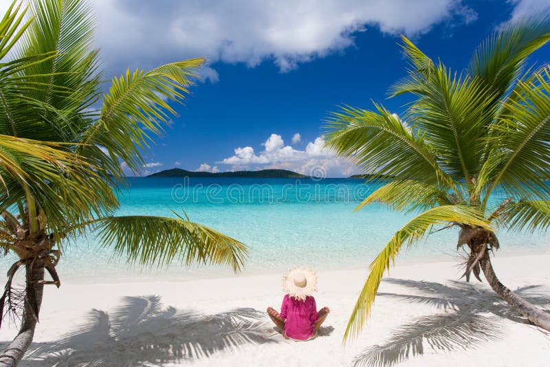 woman tropical beach palm trees