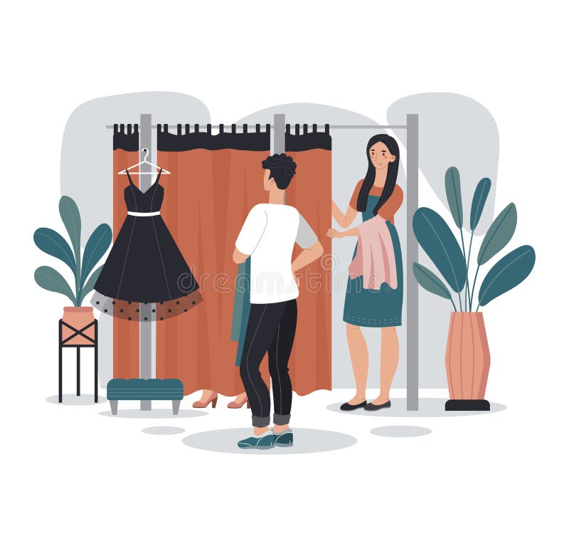 Woman trying on new dress in fashion store fitting room, beautiful girl looking in mirror, vector illustration royalty free illustration Woman trying on new dress in fashion store fitting room, beautiful girl looking in mirror, vector illustration royalty free illustration