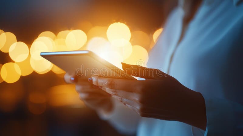 A woman uses a tablet at night with bokeh lights in the background, creating a soft, warm glow. royalty free stock photography