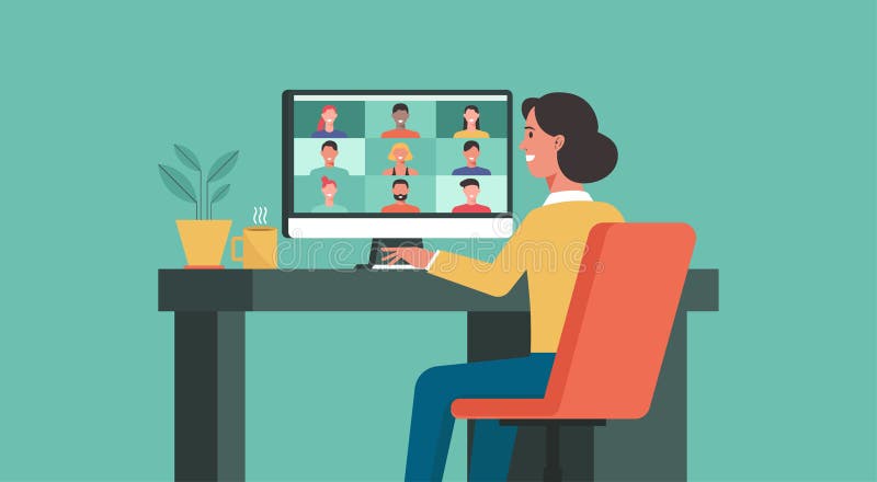 Woman using computer connecting to people, learning or meeting online with teleconference vector illustration