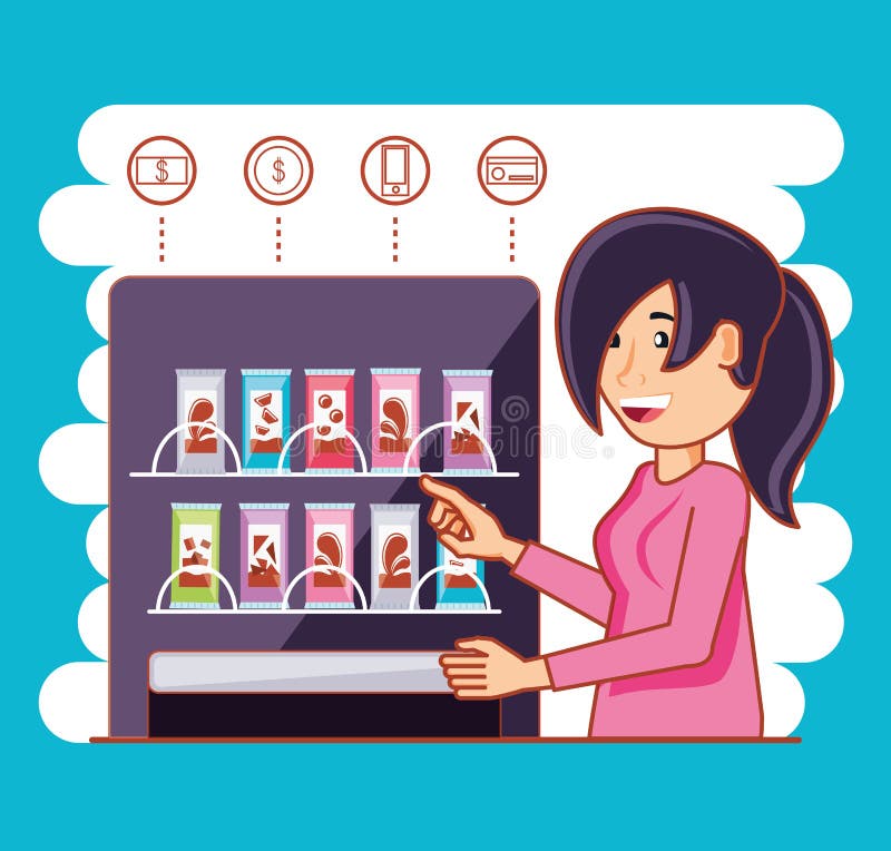 Woman Using Dispenser of Chocolates Machine Electronic Stock Vector