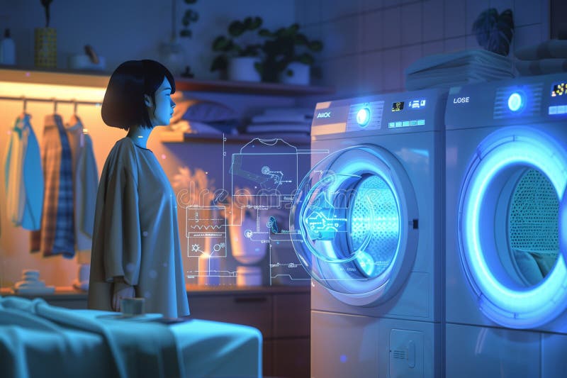 Woman using futuristic washing machine in laundry room with and holographic displaying controls stock illustration